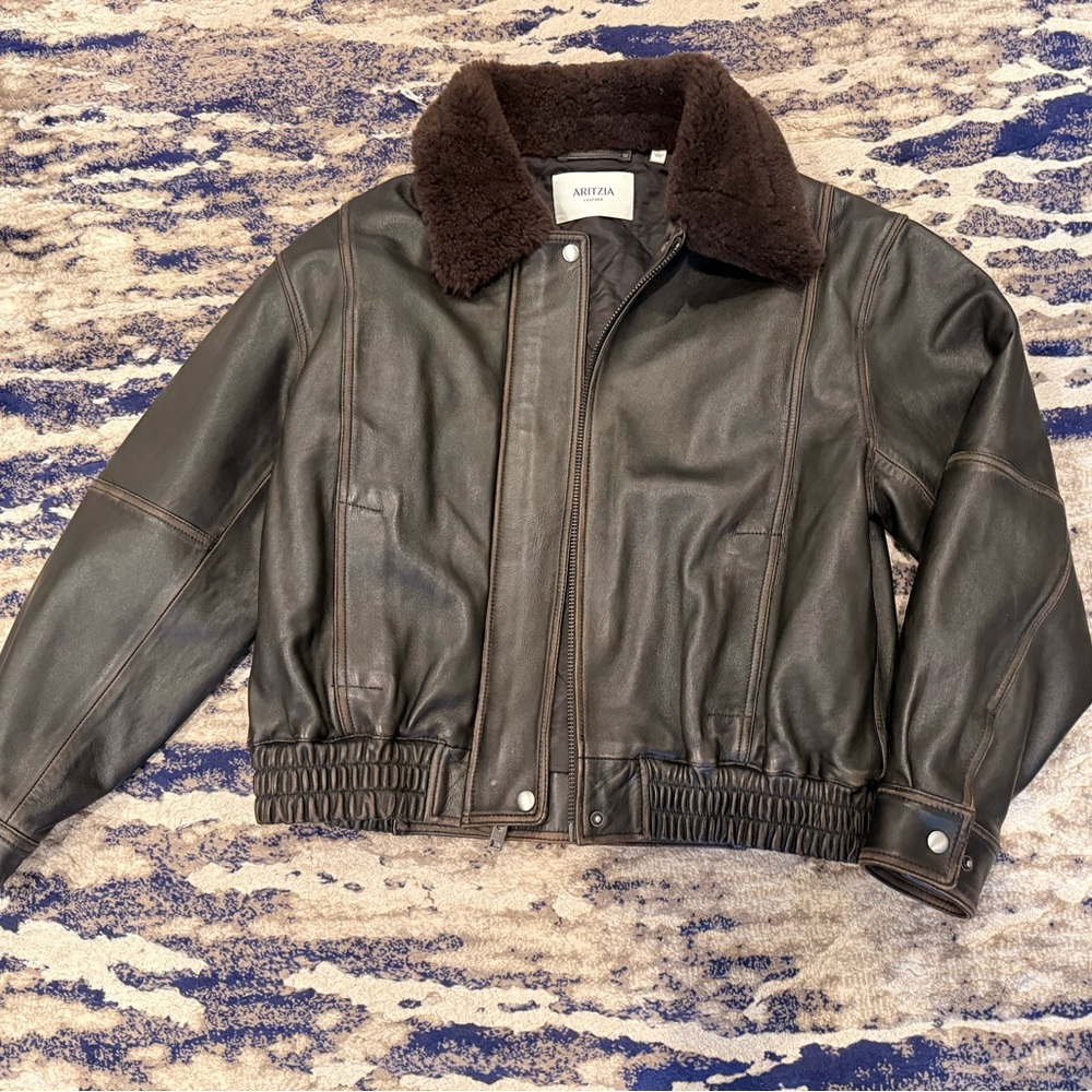 Aritzia Callie Aviator Leather Jacket with Fur Collar NWOT